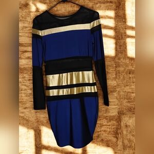 Elegant Blue and Gold Women's Long Sleeve Lace Cut Out Dress